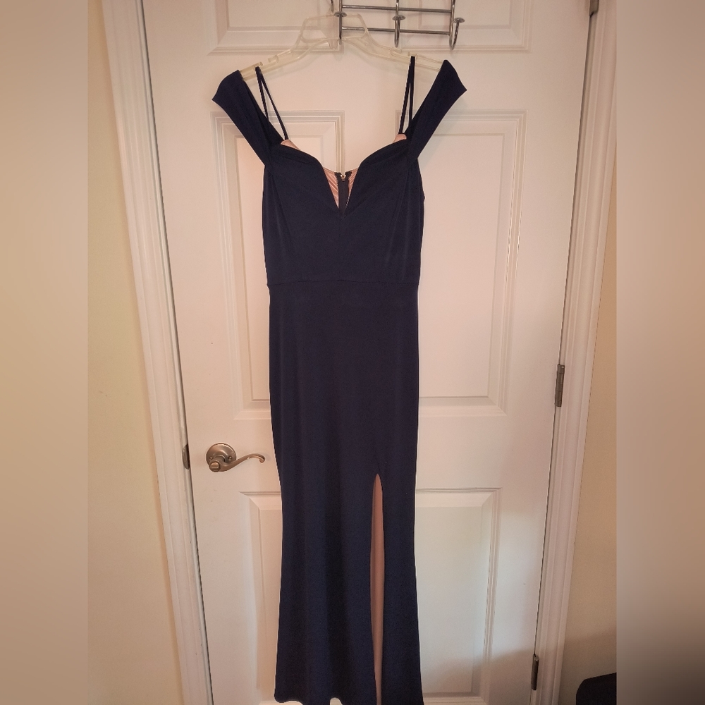 Windsor Off-Shoulder Deep Navy Blue dress with Peach Lining Size 7 - Picture 11 of 16